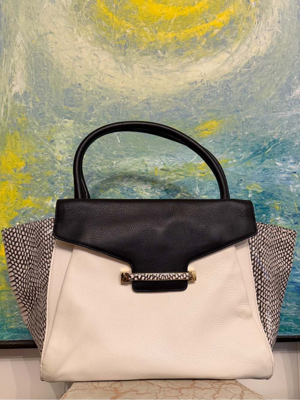 Vince Camuto Julia Black and White Satchel with Snakeskin Accent on Sides